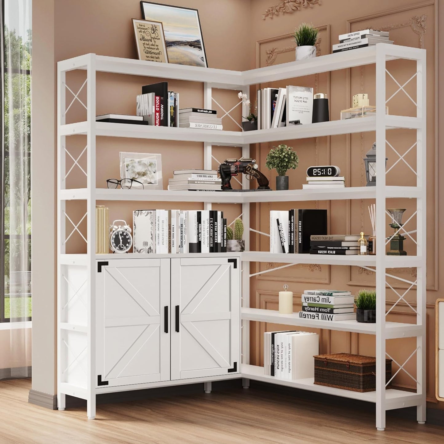 Corner Bookshelf 6 Tier, Large White Wooden Bookcase for Corner,Farmhouse Etagere L Shaped Book-Shelf with Metal Frame & Cabinet for Living Room Home Office