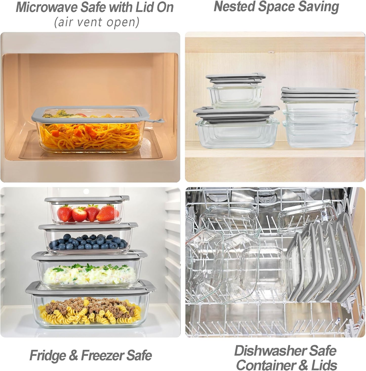 Glass Food Containers with Glass Lid, Microwave Safe Food Storage Container Set, 4 Pack of 35oz, Large Size Airtight Storage Set with Leak Proof Lids, Meal Prep Containers