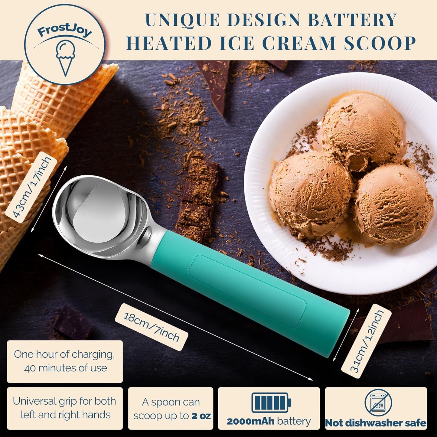 Heated Ice Cream Scoop Rechargeable, Electric Warming Ice Cream Scooper with LED Display, Heats to 158°F for Hard Ice Cream, Easy for Seniors & Kids, IP67 Waterproof (Retro Mint, 2oz)