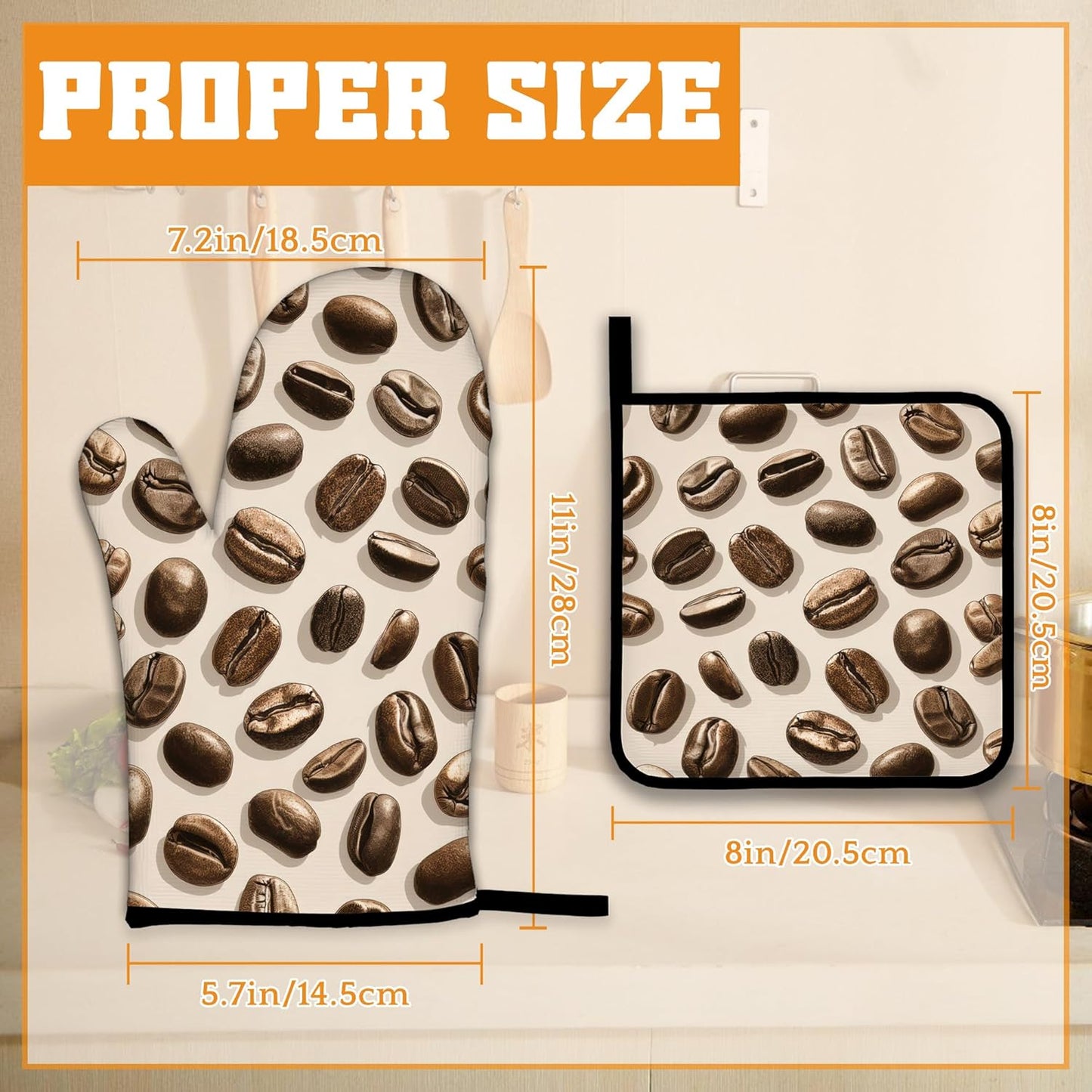 Coffee Bean Oven Mitts and Pot Holders Set,Kitchen Oven Gloves and Pot Holder with Heat Resistant Non Slip for Cooking Baking Grilling(4 Piece Set)