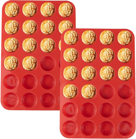 24 Cups Silicone Mini Muffin Pan Set, Nonstick Mini Cupcake Pans, BPA Free Small Muffin Tin for Baking, Set of 2 (Red+Red)