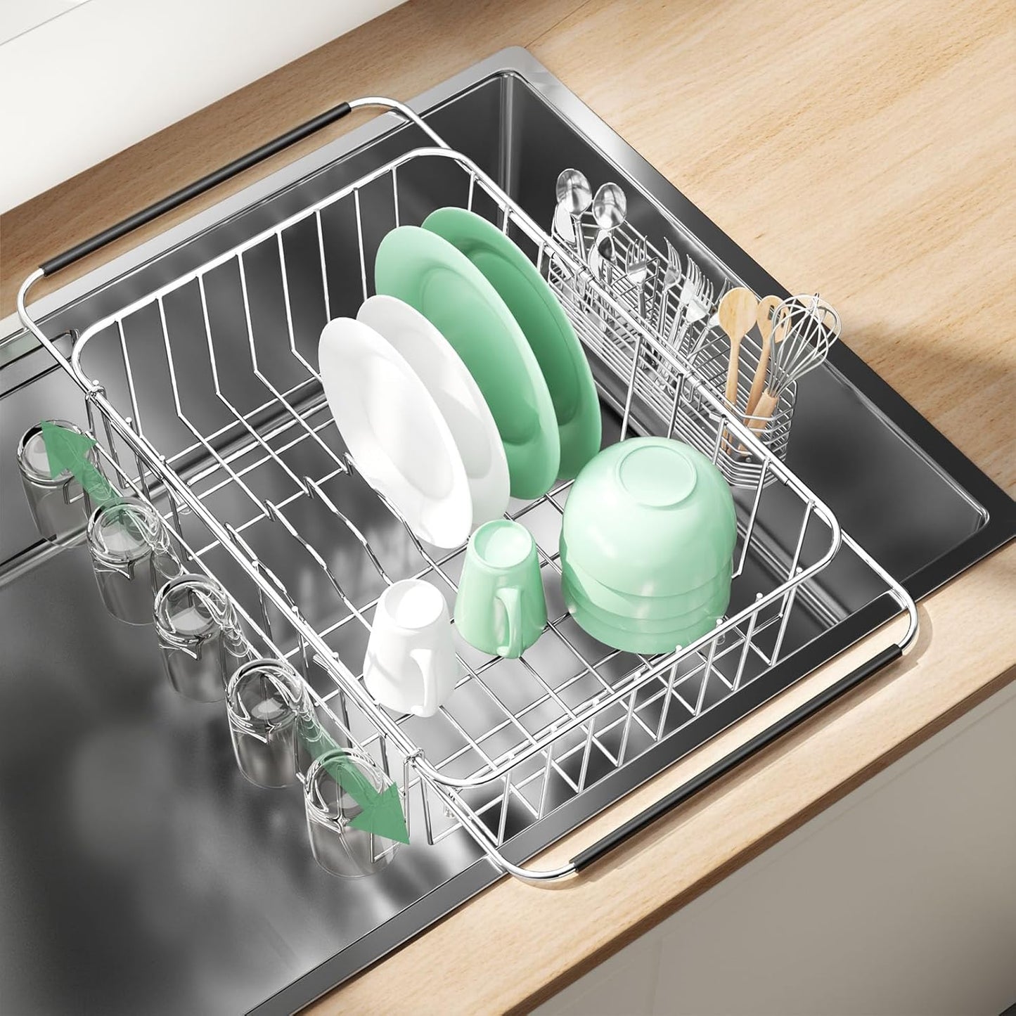 Dish Drying Rack in Sink, Extendable Stainless Steel Dish Drainers for Kitchen Counter, Anti-Rust Dish Dryer Rack with Utensil & Cup Holders, for Inside Sink, Over The Sink