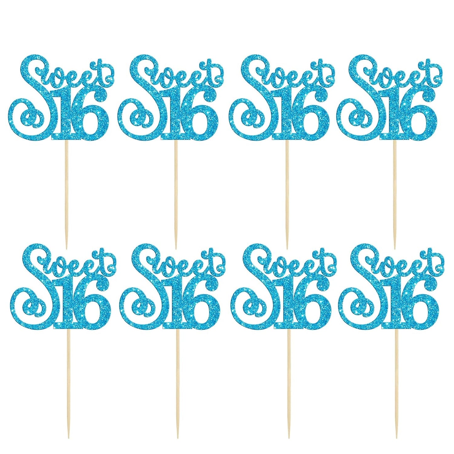 Gyufise 24 Pack 16th Birthday Cupcake Toppers Glitter Sixteen Happy Sweet 16 Cupcake Picks Cheers to 16 Years Old Cupcake Decorations for 16th Birthday Anniversary Party Supplies Light Blue