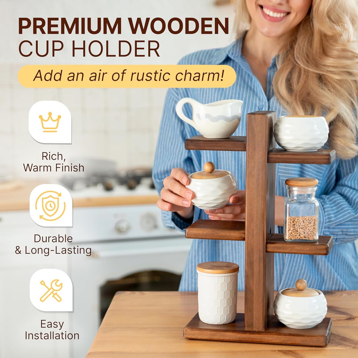 Coffee Cup Holder for Kitchen Counter - Premium Coffee Mug Organizer Holds 6 Mugs - Handmade Wooden Cup Holder with Non-Slip Feet, Stained Espresso Finish, Screwdriver & 6 Screws
