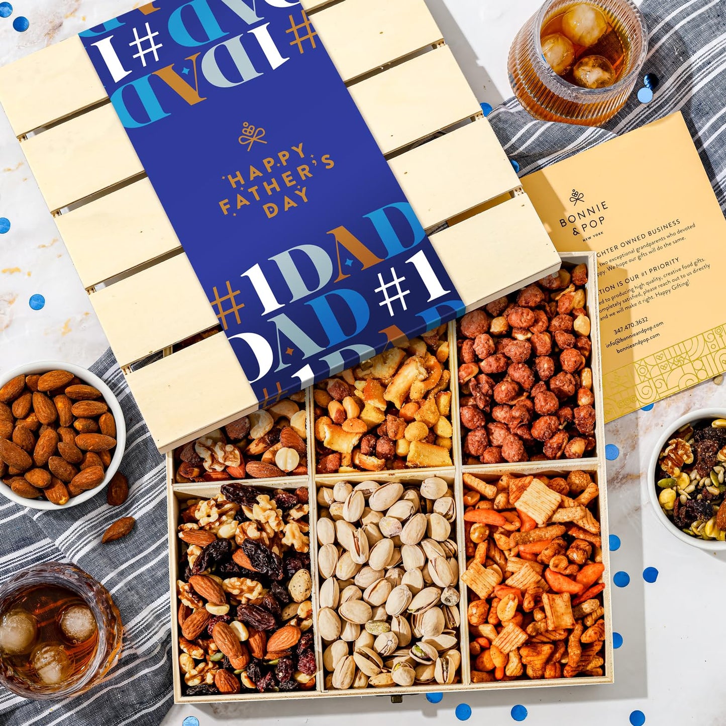 Fathers Day Gift Basket, Nut Gift Basket in Reusable Wooden Crate, Healthy Gift Option, Gourmet Snack Food Box, with Unique Flavors, Great for Dad, Father, Grandfather, Bonnie & Pop