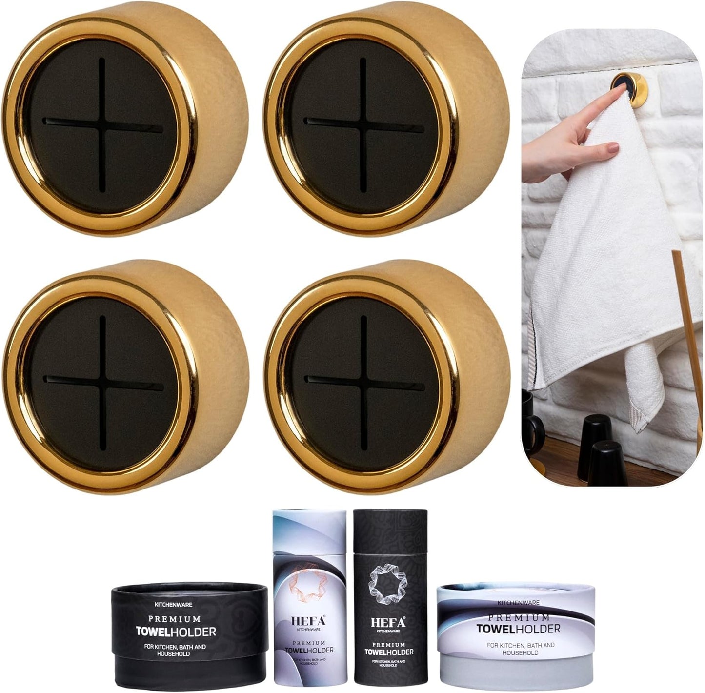 HEFA Modern Kitchen Towel Holder, 4 Pack Golden Yellow Chrome Plated Plastic Towel Hooks with Easy Install, Holds Up to 2 Pounds Each