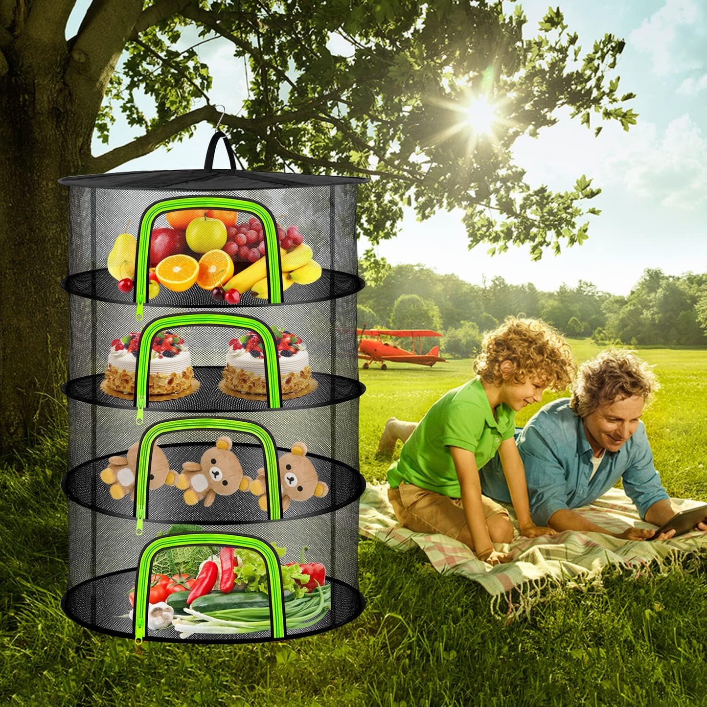 Coopache 4 Layer Herb Drying Rack Hanging Mesh Plant Dry Net Basket for Herbs Plants Flower Vegetables Spices Fish Food with Green Zippers