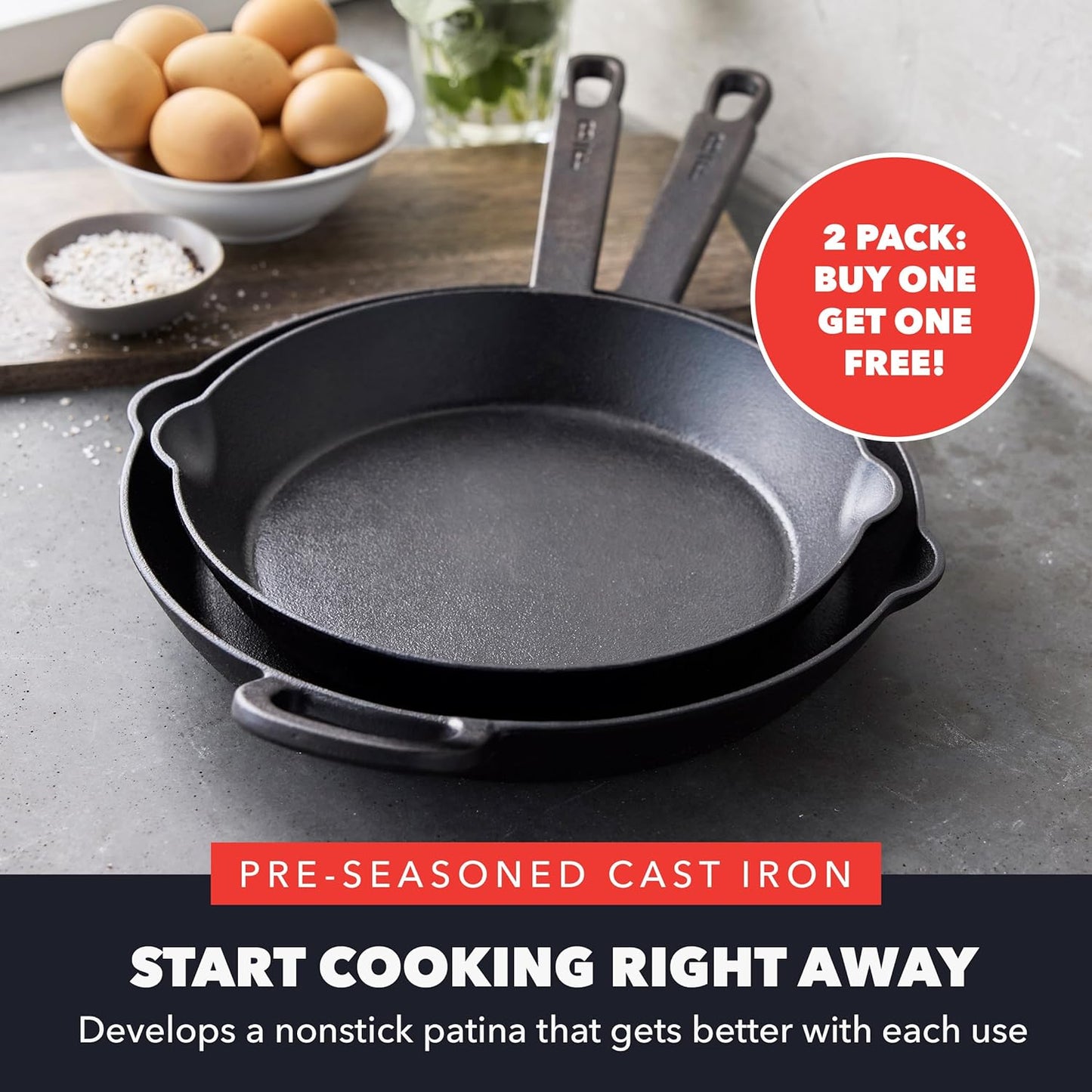 GreenPan x Bobby Flay 2 Piece Set (Includes 8”, 10”) Cast Iron Skillet, Pre-Seasoned PFAS-Free Frying Pan, Pour Spouts, Induction Compatible, Oven, Grill, Indoor/Outdoor, Durable, Black