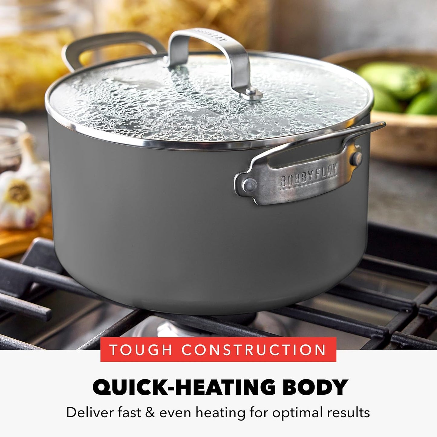 GreenPan x Bobby Flay 6QT Stockpot with Glass Lid, PFAS-Free Diamond Ceramic Nonstick Pot, Induction Suitable, Easy Clean Dishwasher & Oven Safe, Quick Heating, Pasta, Soups, Graphite