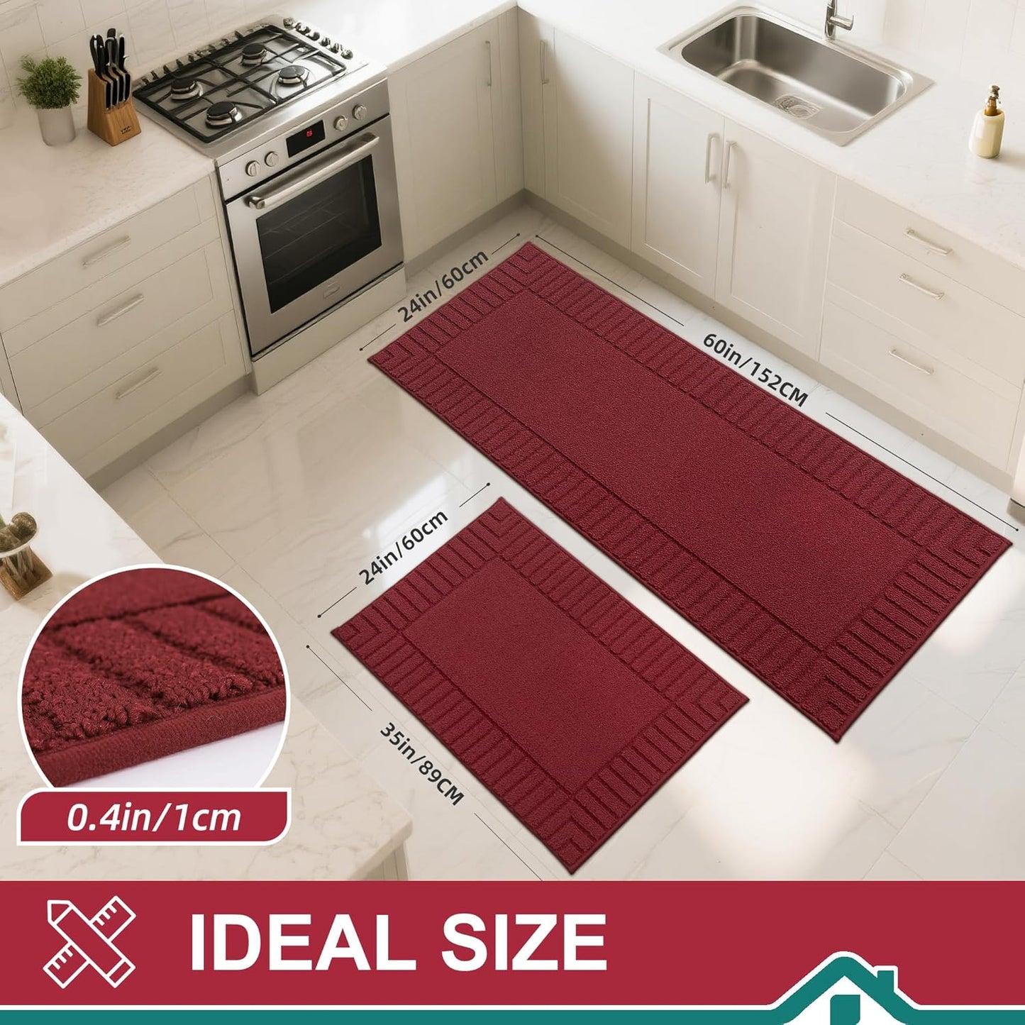 BEQHAUSE-Non-Slip-Kitchen-Mats-for-Floor [2PCS],Kitchen Mats,Machine Washable Burgundy Red Kitchen Rugs,Polypropylene Kitchen Floor Mat with TPR Backing 24x35inch/24x60inch