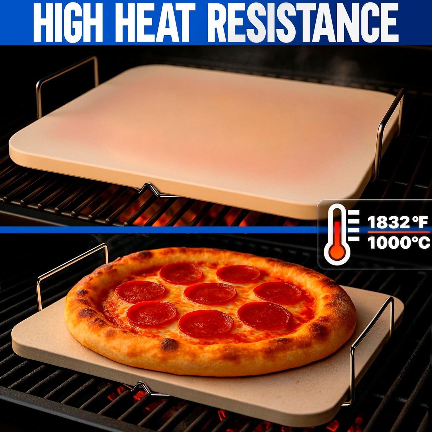 KitchenStar 15x12-inch Pizza Stone for Oven & BBQ Grill with Handles, Rectangular, 5/8" Thick - Natural Cordierite, 1800°F Resistant, Baking Stone Set with Stainless Steel Rack & Plastic Scraper Tool