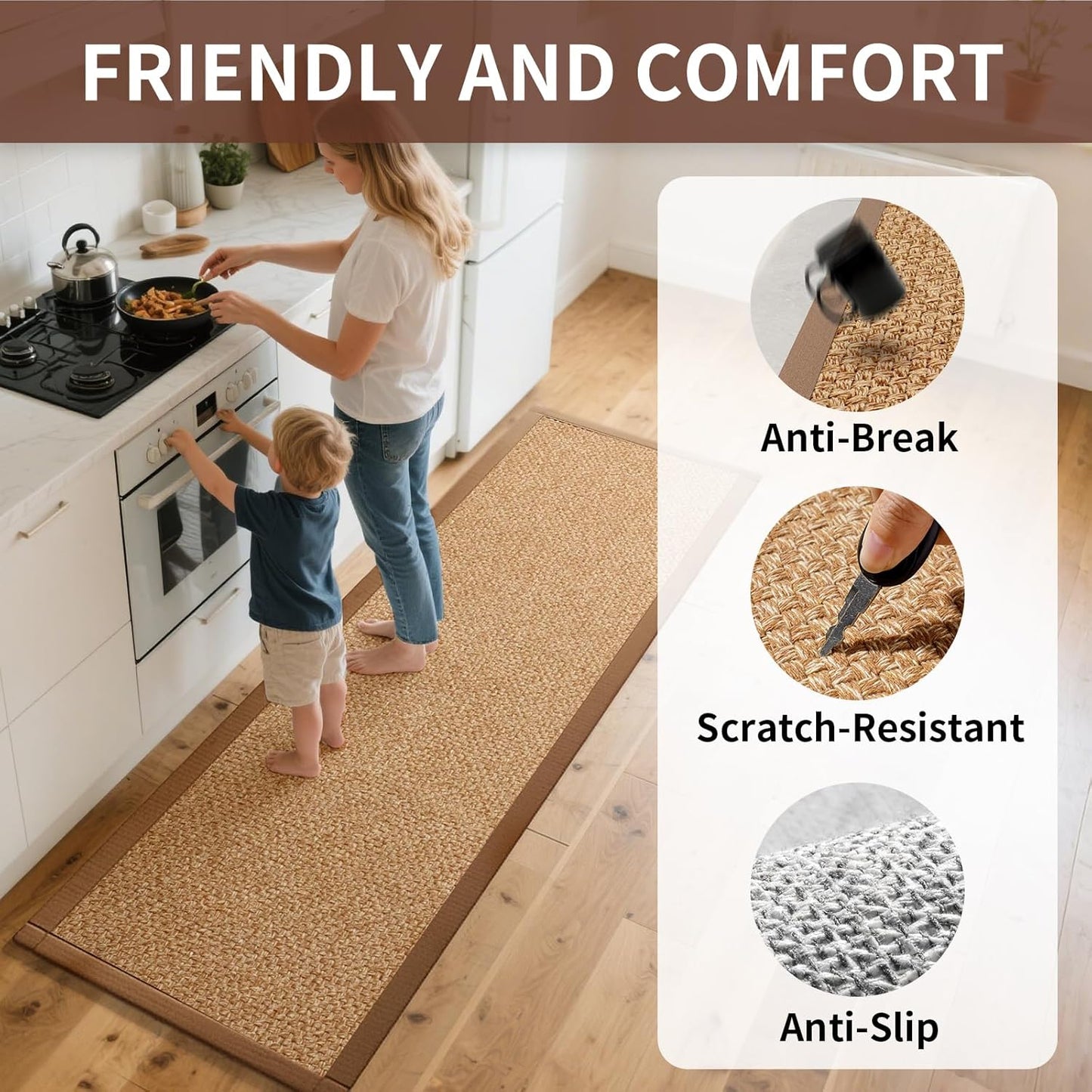 Kitchen Runner Rugs Non Slip Washable, Super Absorbent Kitchen Mats for Floor, Rubber Backing Jute-Like Braid Long Sink Mat Standing Floor Mat, Machine Washable, Brown 17"x59"