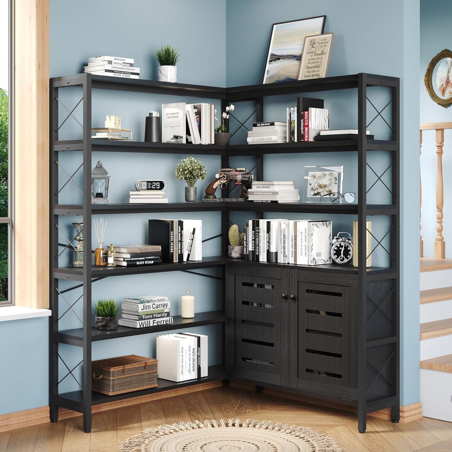 Corner Bookshelves and Bookcases Industrial Corner Etagere Bookcase L Shaped Shelf 6 Tiers with Metal Frame for Living Room Home Office