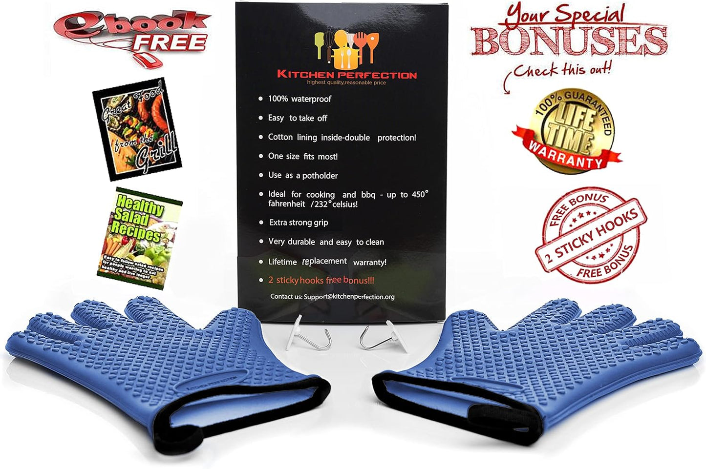 KITCHEN PERFECTION XL Silicone Smoker Oven Gloves-Extreme Heat Resistant BBQ Gloves-Handle Hot Food Right on Your Grill Fryer&Pit|Waterproof Grilling Cooking Baking Mitts|Superior Value Set+3 Bonuses