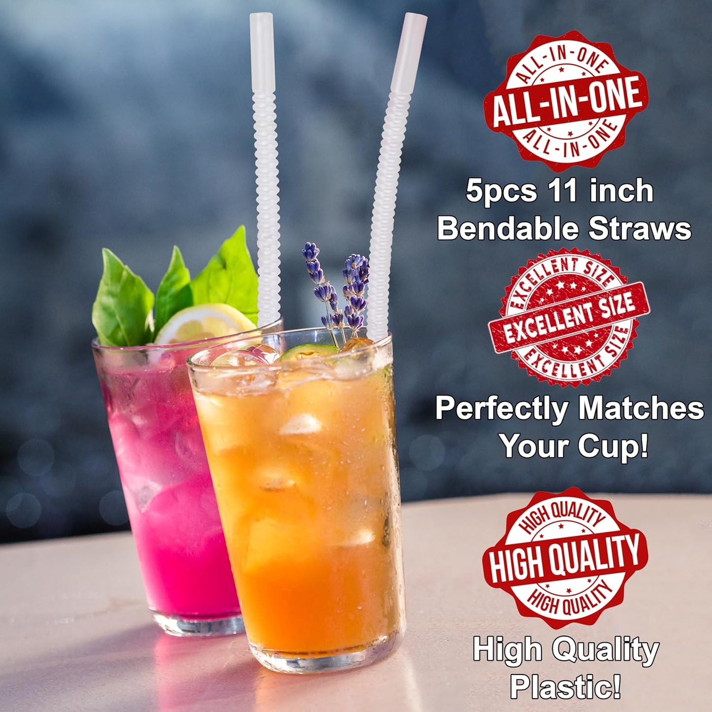 Bendable Straws - 11 inch Long Flexible Straws - Bendy Drinking Straw Reusable - 5 Pack