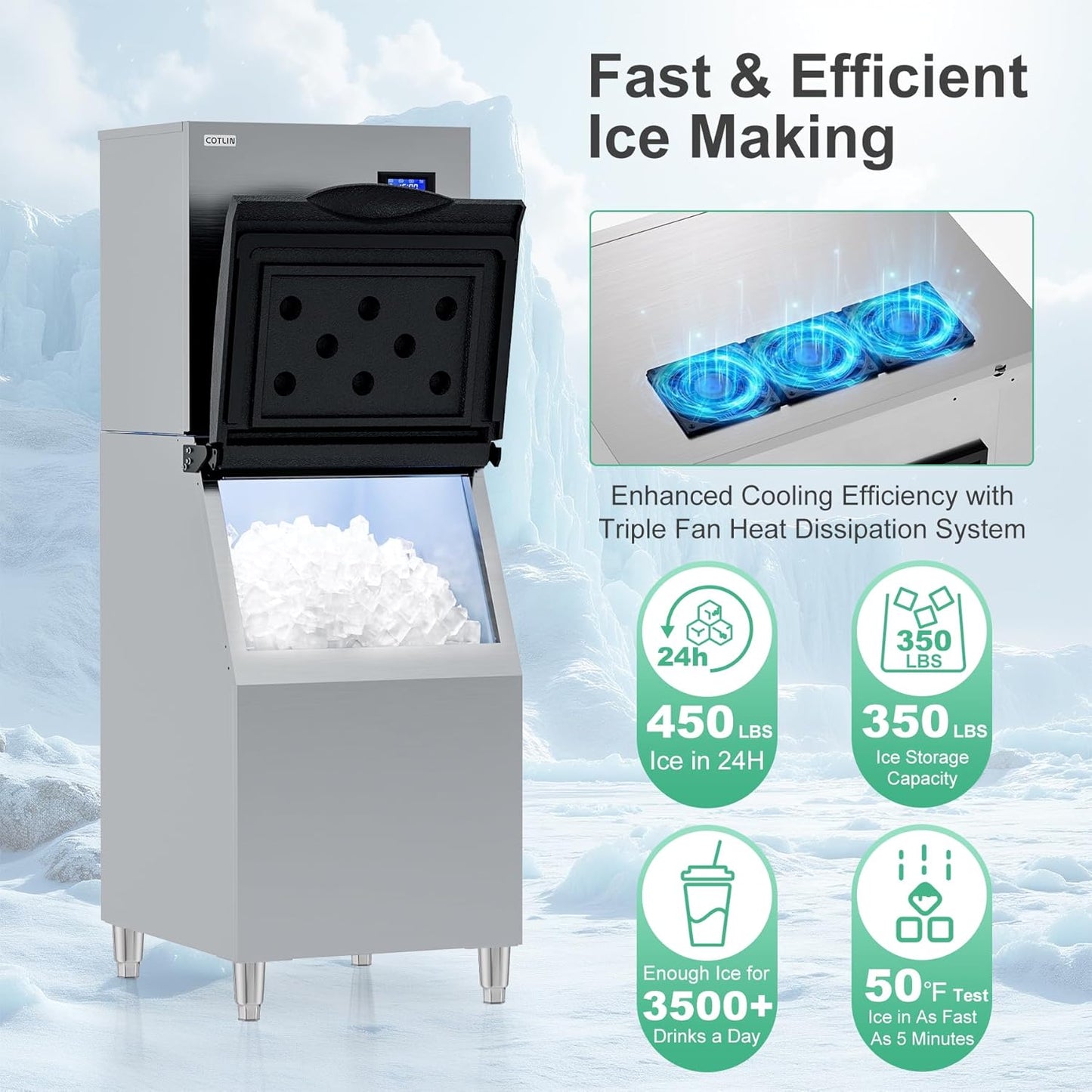 COTLIN Commercial Ice Maker 450LBS/24H with 350LBS Storage Bin, SECOP Compressor, Ice-Ready in 5-15mins, Large Ice Maker with Water Filter, Self-Cleaning/Timing/Ice Thickness Adjustment, 2025 Upgraded