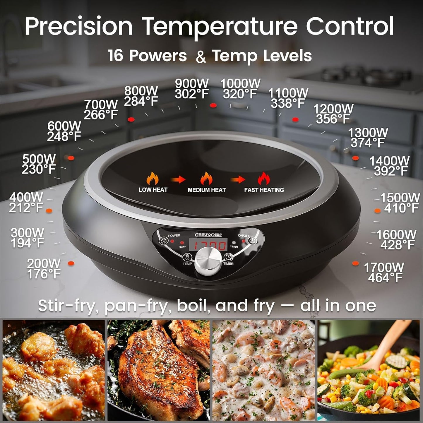 Induction Wok Cooktop, Induction Burner & Carbon Steel Wok with Lid, Rack, 16 Levels Power & Temprature Control, 18 Hours Timer, Auto-off Electric Wok 1700W (Black 110V~120V)