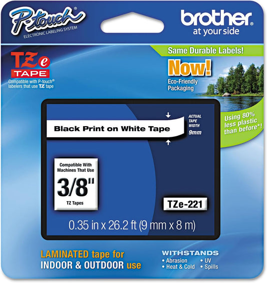 Brother(R) TZe-221 Black-On-White Tape, 0.38in. x 26.2ft., BRTTZ221