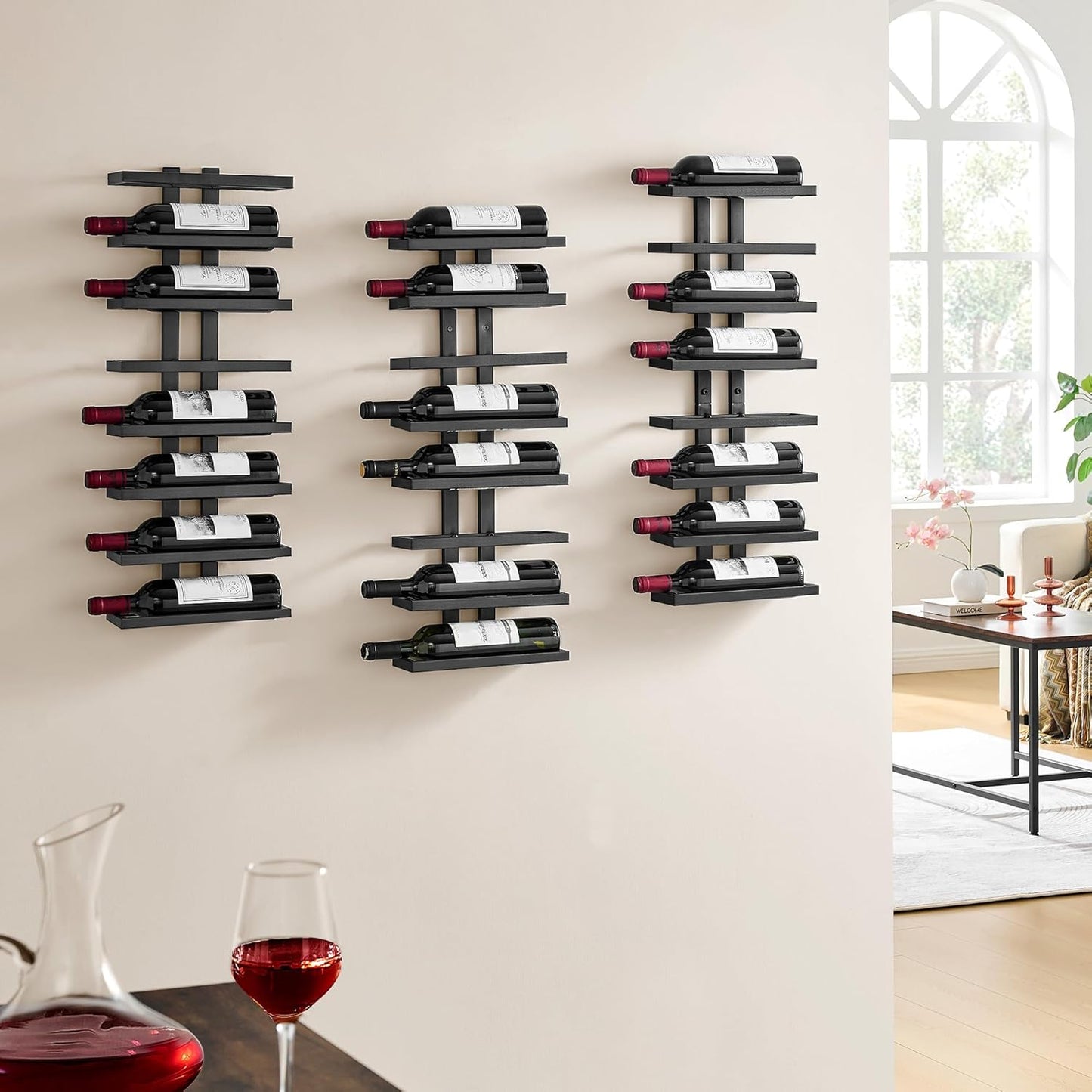 Hoctieon 3-Set 8 Tier Wall Mount Wine Rack (24 Tiers), Wall Racks for Wine Bottles Display and Storage, Hanging Bottle Organizer for Living Room, Dining Room, Wine Cellar, Bar, Black