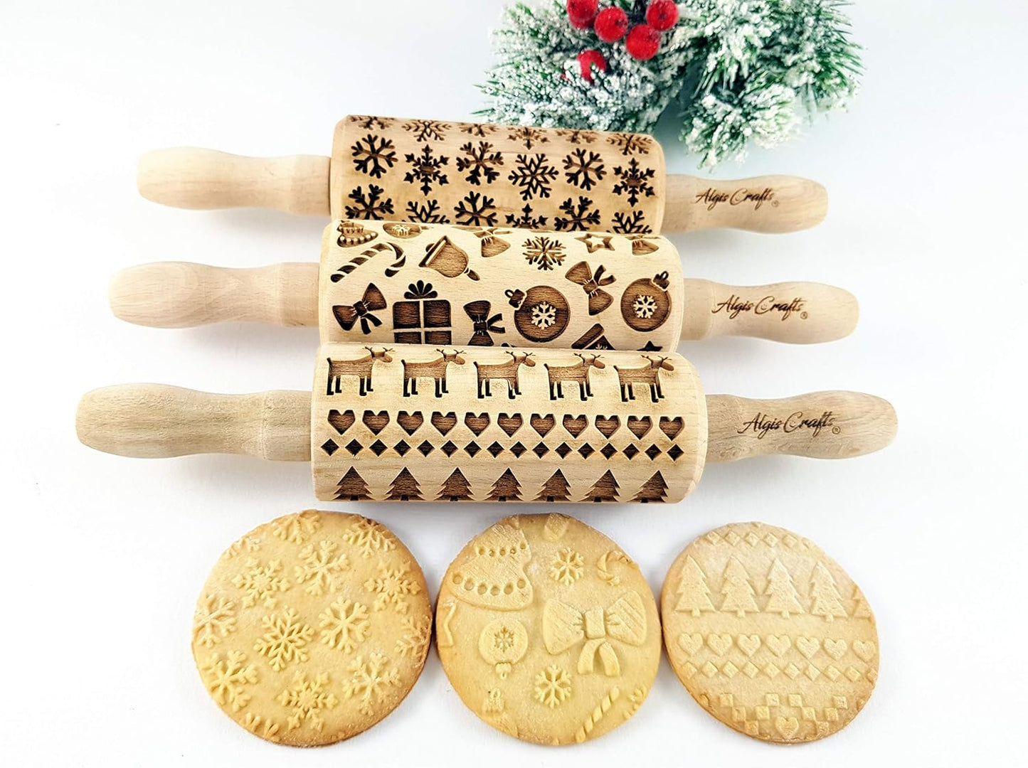 CHRISTMAS 3 Mini Embossed Rolling Pin Set Wooden Laser Engraved Textured rolling pins with Snowflakes, Elks, Christmas Trees and Gifts for Cookies by Algis Crafts