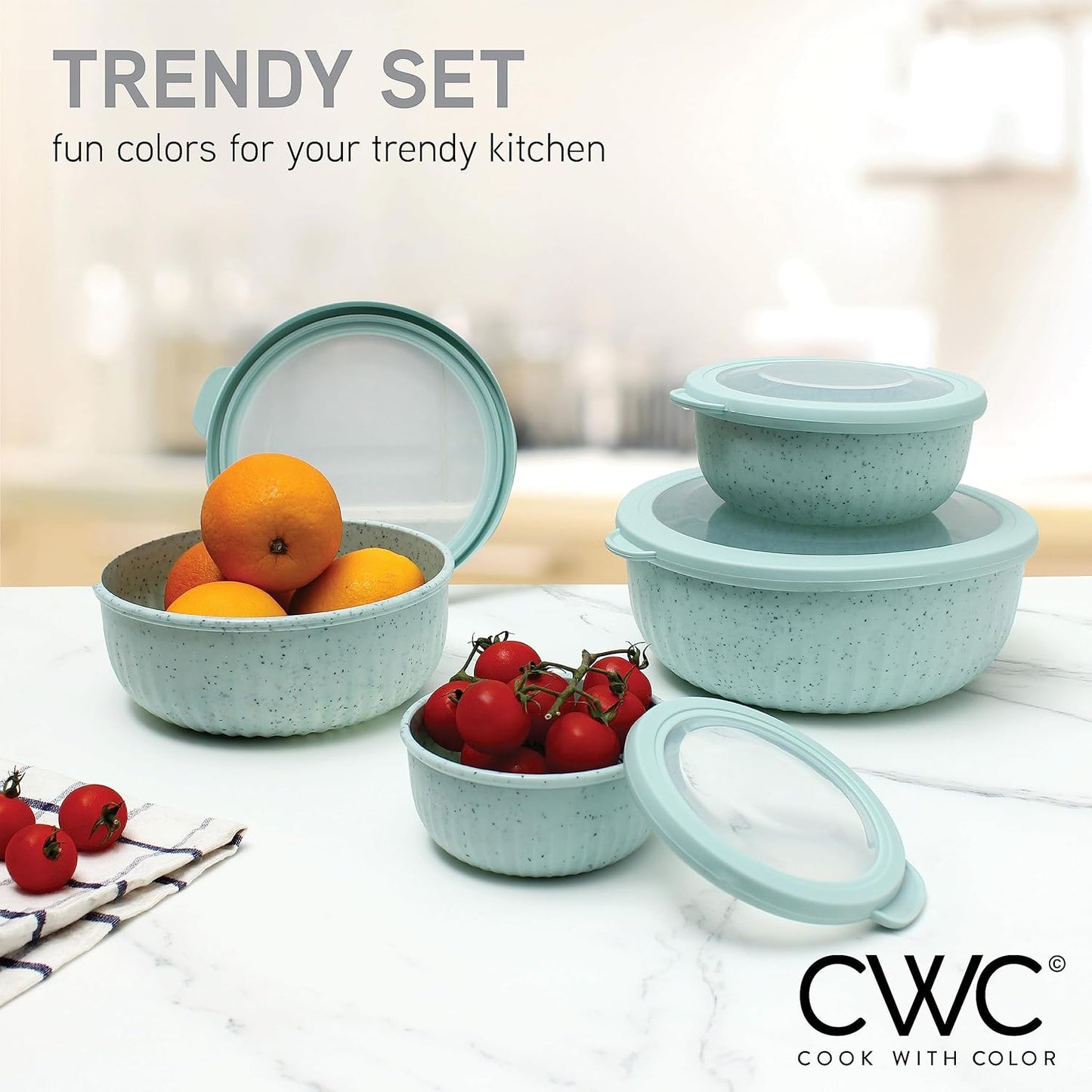 COOK WITH COLOR Prep Bowls with Lids- Wide and Deep Nesting Plastic Small Mixing Bowl Set with Lids, 8 Piece Set - Wide Bowls, Speckled Mint