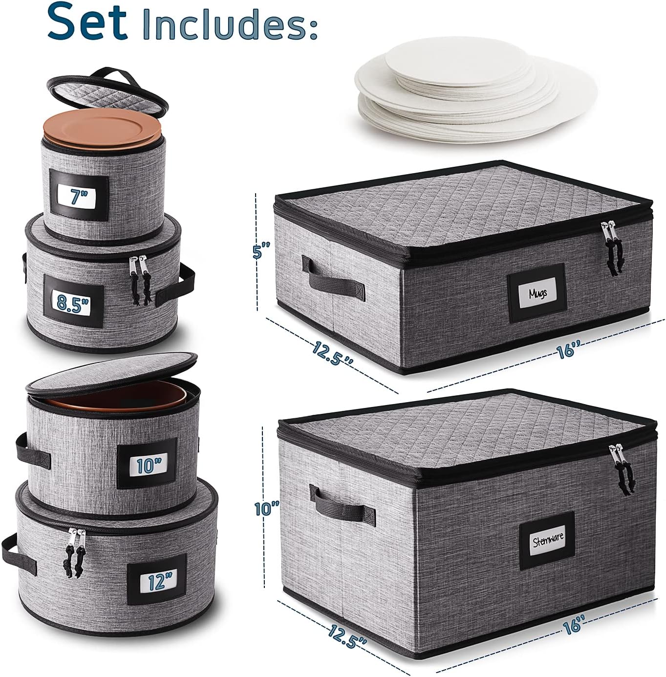 Fine China Storage Containers Hard Shell, 6 Piece Dish Storage Containers, Stackable Plate Storage Containers, Coffee Mug Storage and Wine Glass Storage Box with Dividers, Quilted Dish Organizers