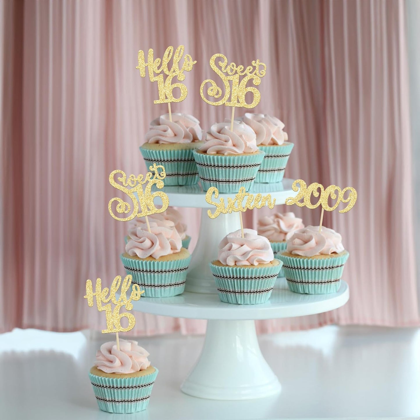 Gyufise 24pcs Sweet 16 Cupcake Toppers - Gold Glitter, Hello 16, Cupcake Picks, Cake Decorations for 16th Birthday Party Supplies