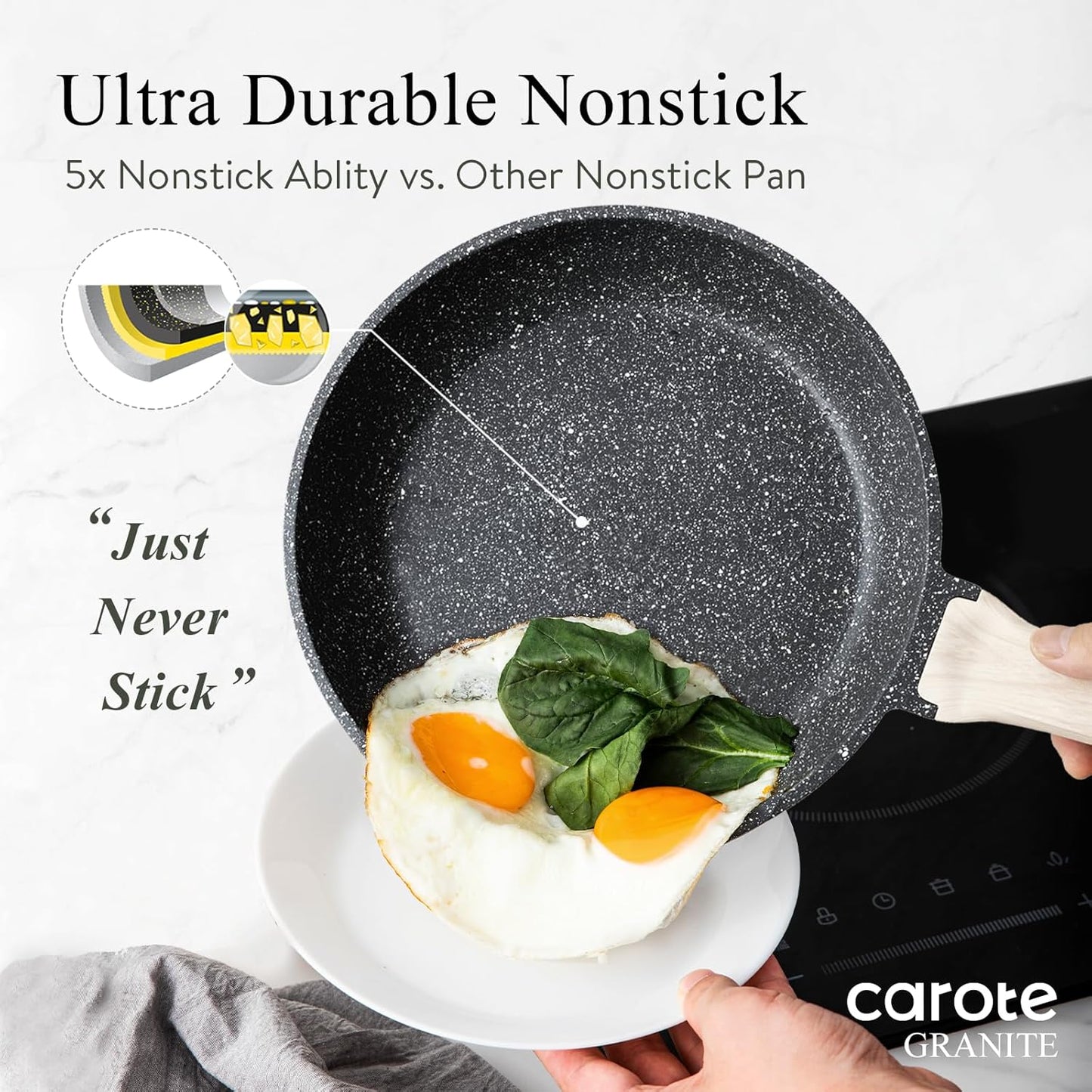 CAROTE Non Stick Frying Pan Skillet,12" Nonstick Fry Pan with Glass Lid, Egg Pan Omelet Pans, Granite Cookware Chef's Pan, PFOA Free (Classic Granite, 12-Inch)