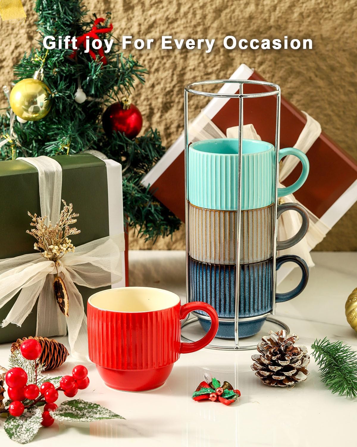 Hasense Coffee Mug Set of 4 with Holder - 12 oz Stackable Large Ceramic Ribbed Latte Cup Set for Cappuccino, Tea, Hot Cocoa, Drinks - Dishwasher & Microwave Safe Multi color