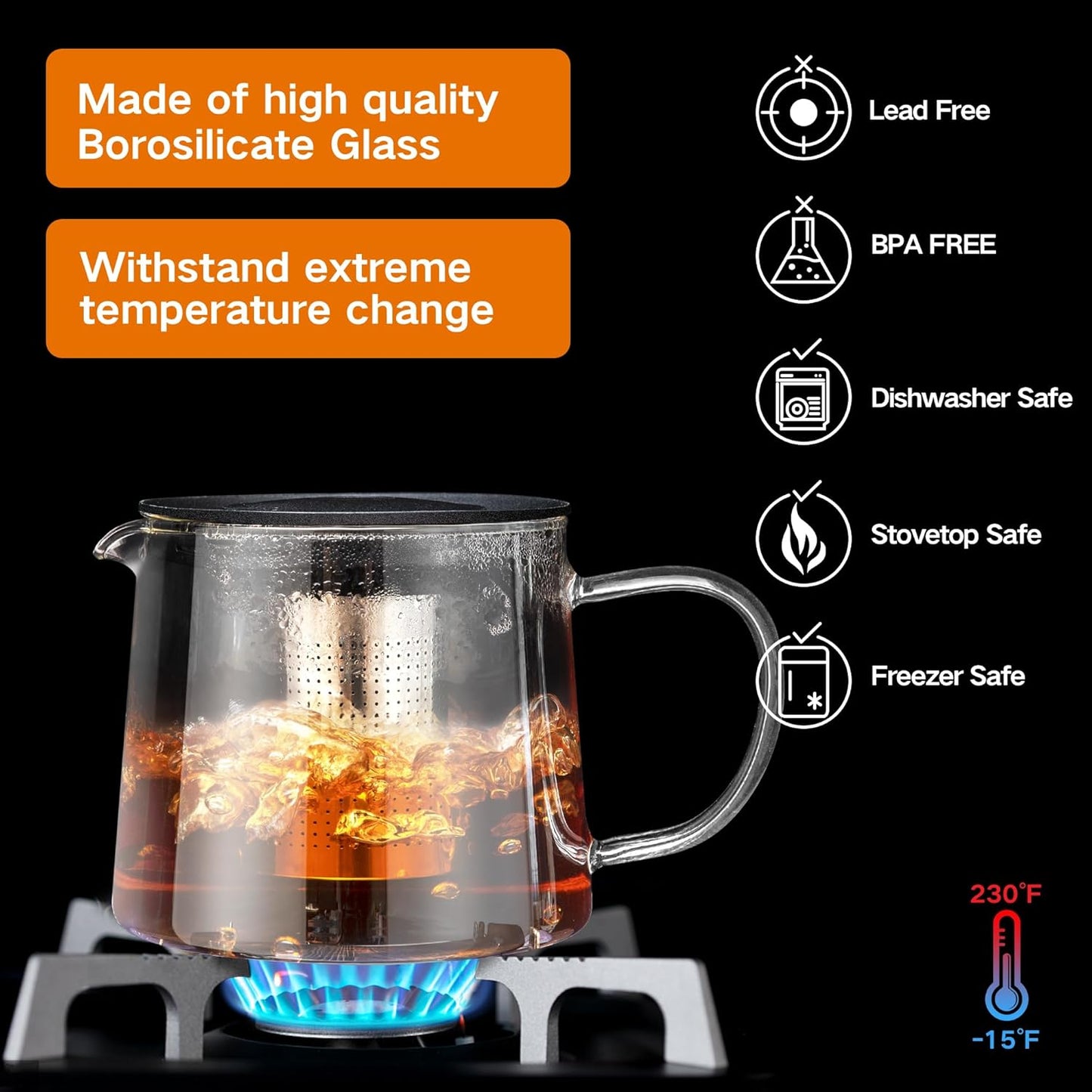 Glass Teapot 51oz/1500ml with 6 Pack Tea Cups Gift Set, Removable Stainless Steel Infuser Tea pot, Heatproof Borosilicate Glass Tea Make, Stovetop Safe Glass Tea Kettle for Loose and Blooming Leaf Tea