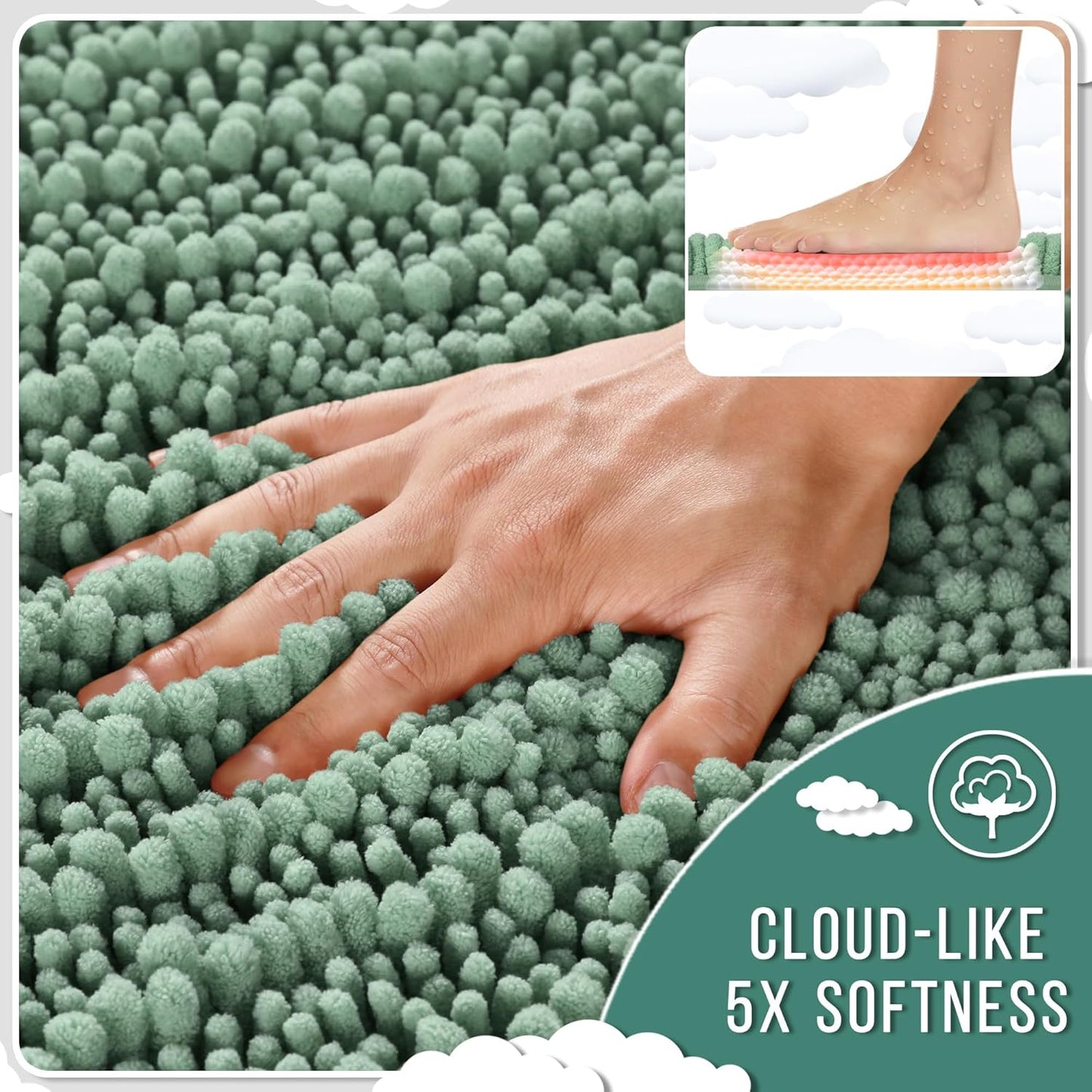 Yimobra Long Bathroom Rugs Non Slip Washable 44x24 Inch - Ultra Soft Absorbent Chenille Bath Mat, Quick Dry Shaggy Floor Carpet for Tub Shower, Green Home Decor Accessories