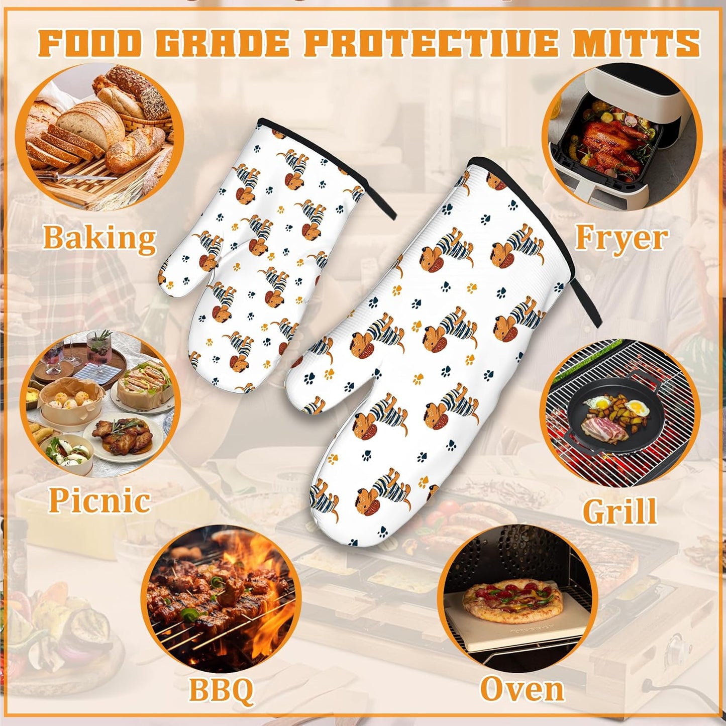 Cute Dachshund Dog Oven Mitts and Pot Holders,Paw Heat Resistant Oven Mitts Gloves and Pot Holder for Home Kitchen Decorations Cooking Baking BBQ Gifts,Set of 4