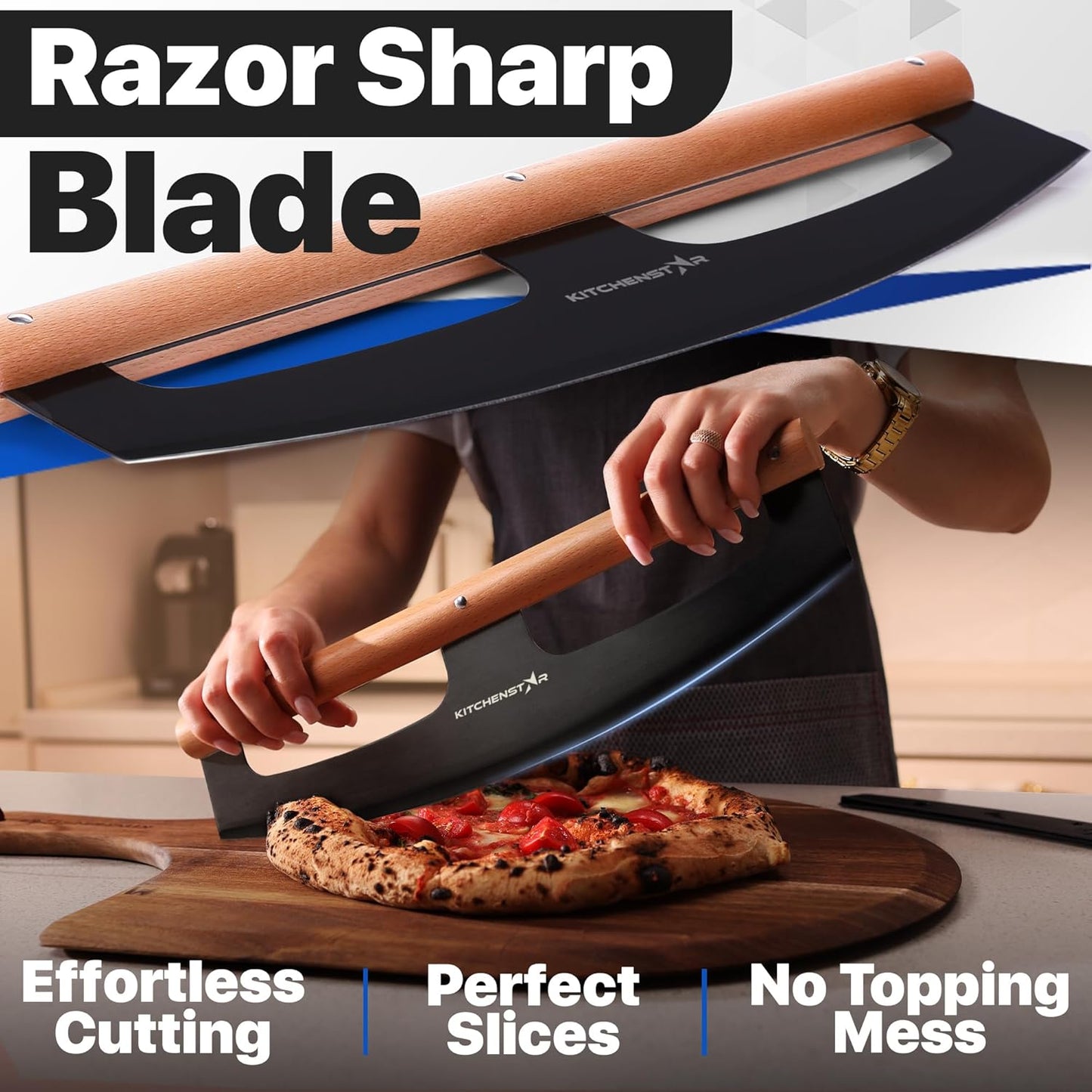 KitchenStar 16-Inch Pizza Cutter Rocker Blade - Razor Sharp Stainless Steel Slicer Knife, Stylish Beech Wood Handle, Protective Cover - Professional Pizza Oven Accessories, Black