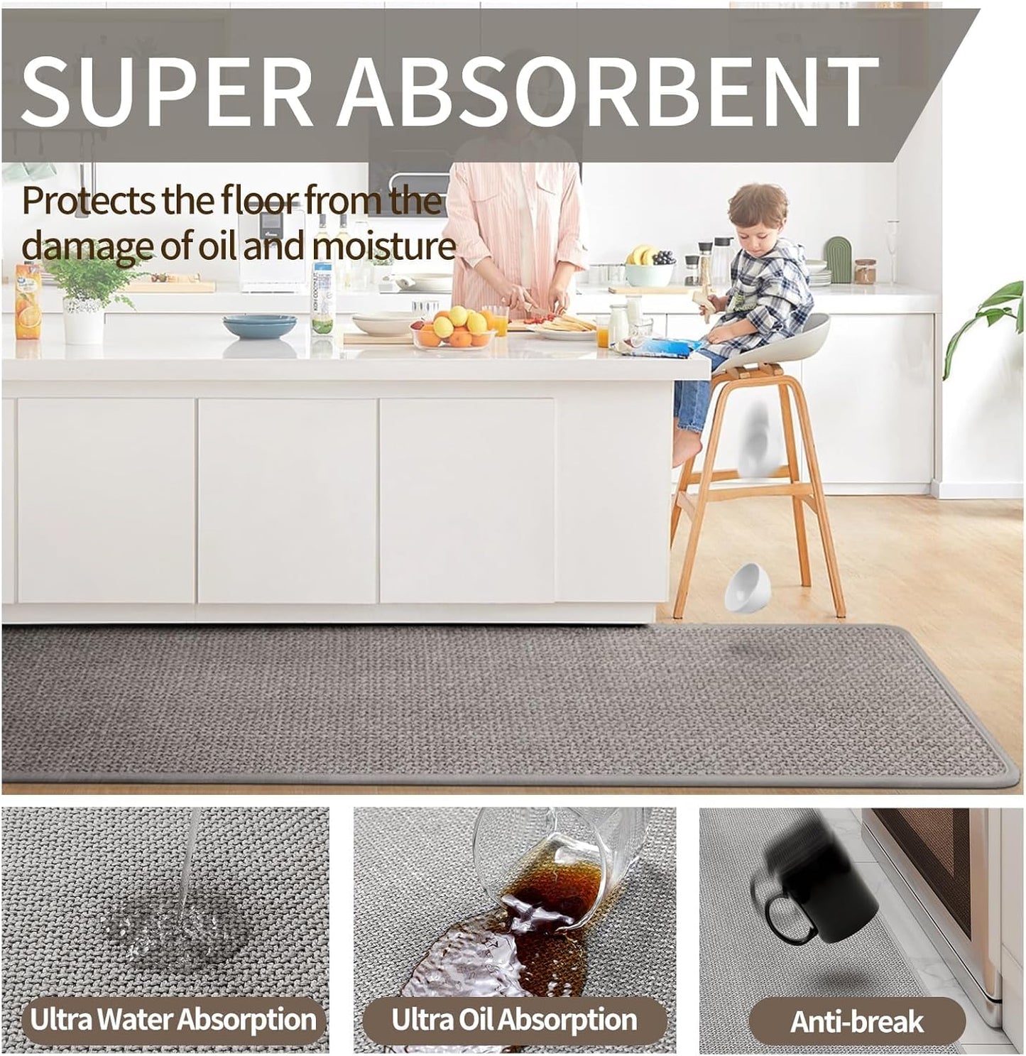 Kitchen Mats for Floor, Super Absorbent Kitchen Rugs Non Slip Washable, Soft Imitation Linen Braided Kitchen Runner Rug, Standing Mat Kitchens Sink Mat, Easy to Clean, Gray 17x95