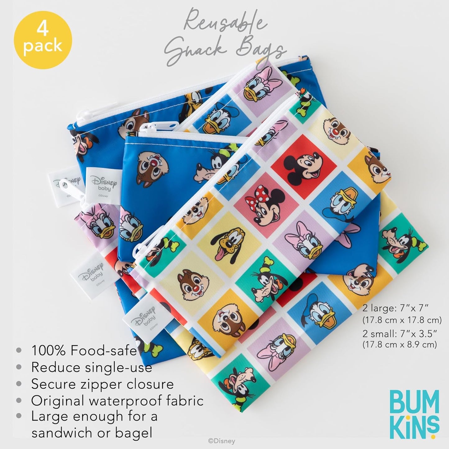 Bumkins Disney Reusable Sandwich and Snack Bags, for Kids School Lunch and for Adults Portion, Washable Fabric, Waterproof Cloth Zip Bag, Travel Pouch, Food-Safe Storage, 4-pack Set Mickey and Friends
