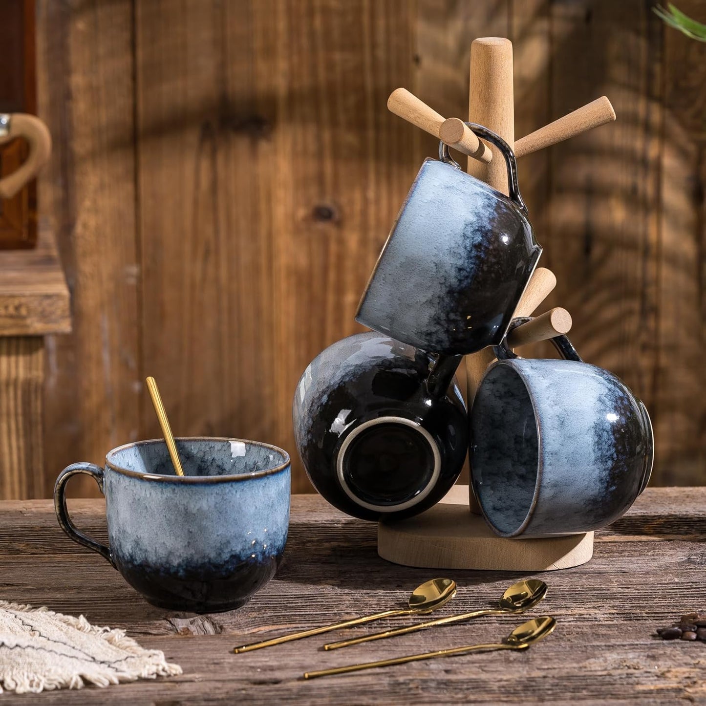 Coffee Mug Set of 4 - Ceramic 15 oz Coffee Cup with Handle, Large Stoneware Cups for Tea Milk Latte Cappuccino, Unique Hand-Painted Mug for Men Women Office Work (Marble Gray)