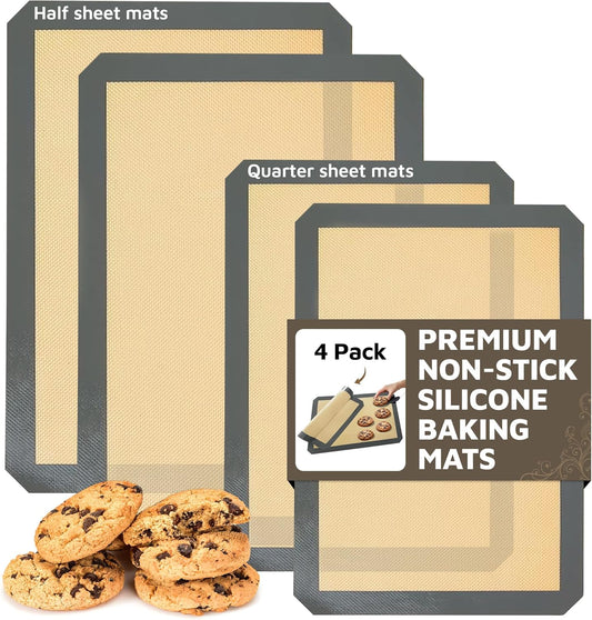 4 Pack Silicone Baking Mat Nonstick 2 Half and 2 Quarter Size - 1/4 Silicone Cookie Sheets for Baking Macaron Cookie Set of 2-2 Pack Thick Heavy Duty Reusable Mats Half Sheet for Kitchen Counter