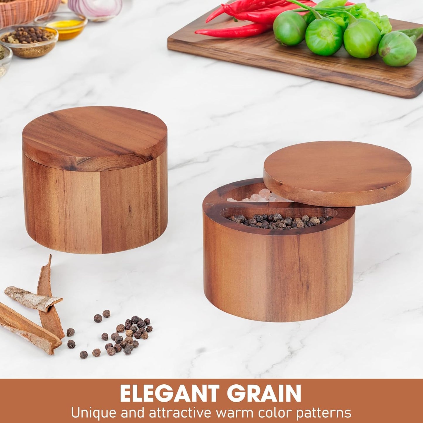 Demigo Duet Salt Cellar, 7.5 Ounces Acacia Salt Keeper Box with Two Compartments Secured by Magnetic & Swivel Lid, Spice Container for Kitchen Countertop Storing Pepper Oregano Powder Cinnamon