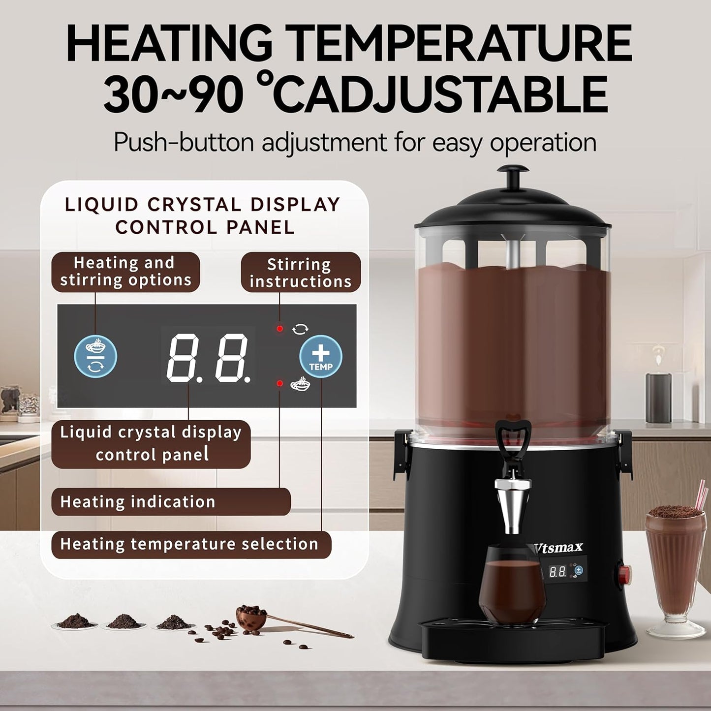 10L Commercial Hot Chocolate Machine 86-194℉ Intelligent temperature control hot chocolate maker, hot beverage dispenser for Chocolate Drink, Cocoa, Milk, Coffee, Juice (10L)