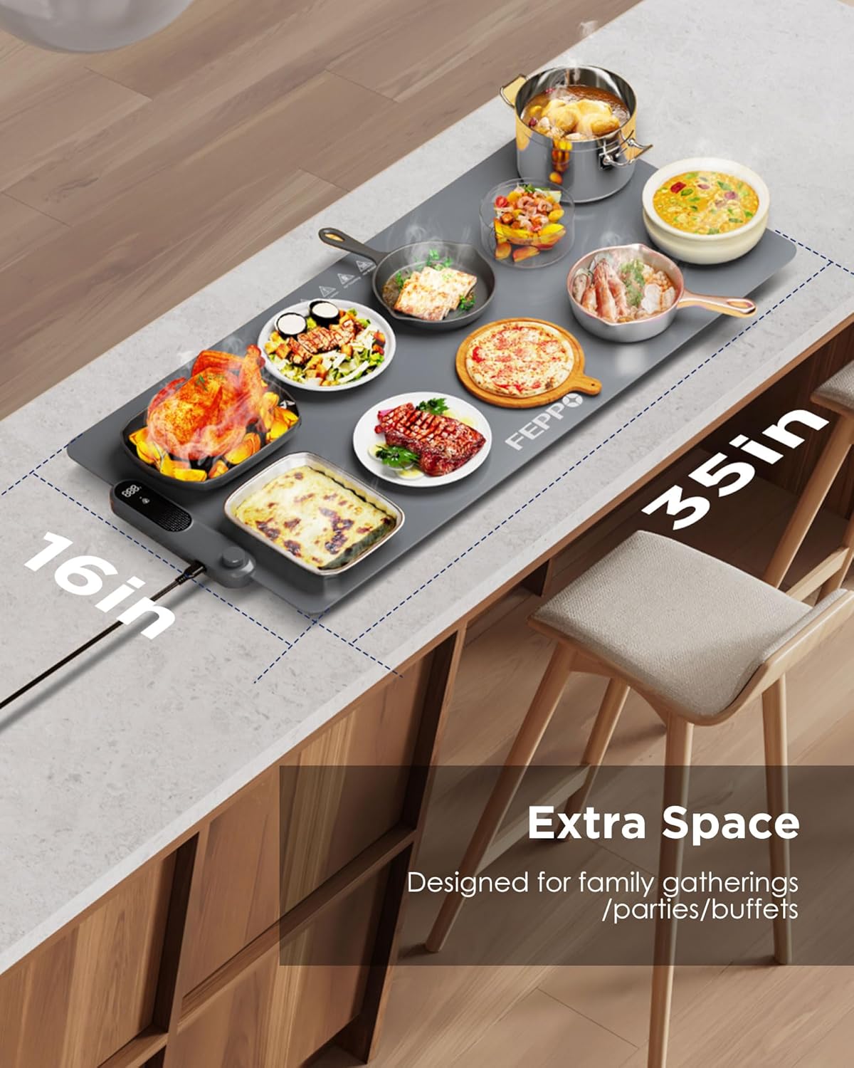 FEPPO Food Warming Mat, (XXL 35”x16”) Electric Warming Trays for Buffets Party, Fast Full-Surface Heating Mat for Food with 19 Level Adjustable Temperature and 6 Hours Timer, Roll Up Food Warmer