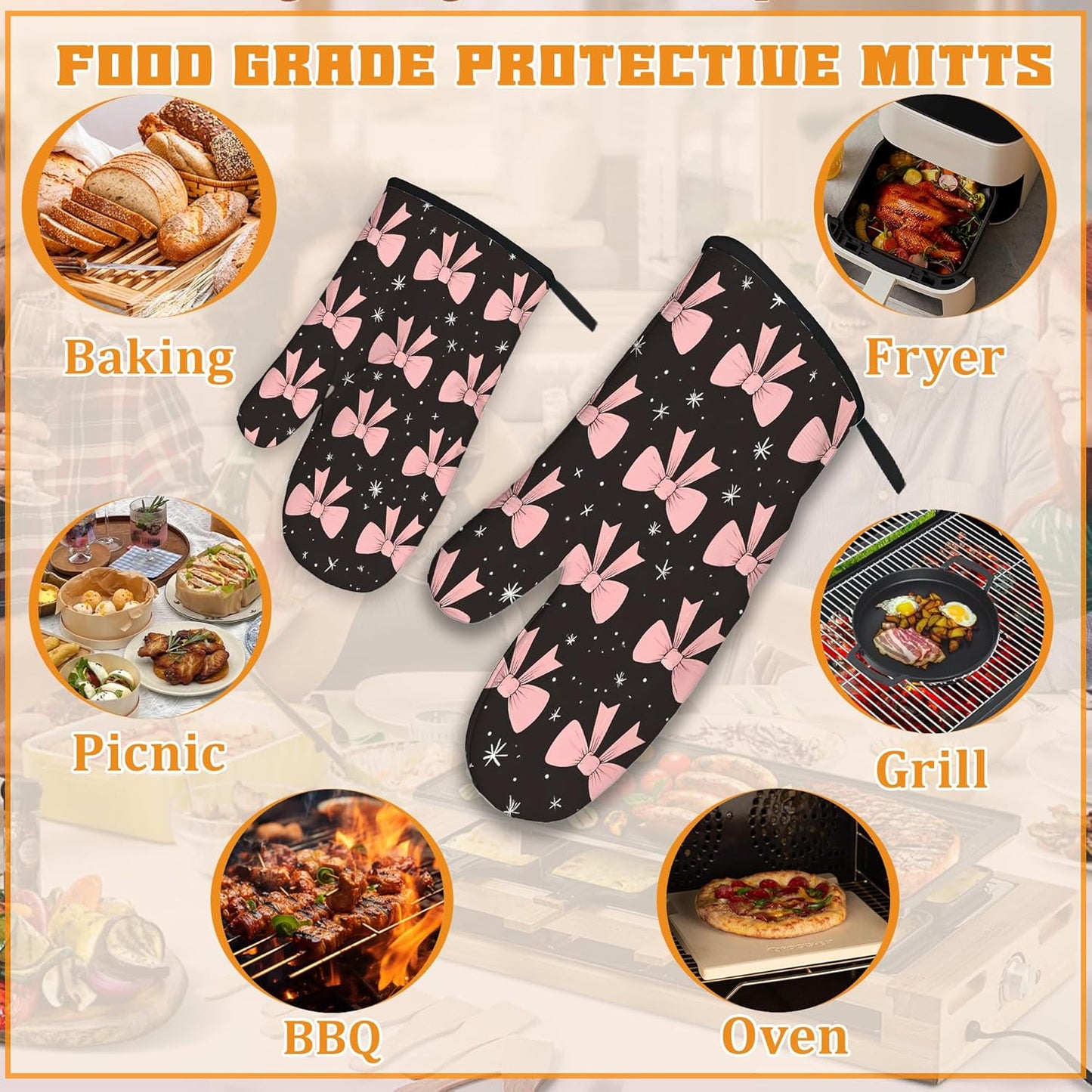 Cute Pink Bow Oven Mitts and Pot Holders,Heat Resistant Oven Mitts Gloves and Pot Holder for Home Kitchen Decorations Cooking Baking BBQ Gifts,Set of 4