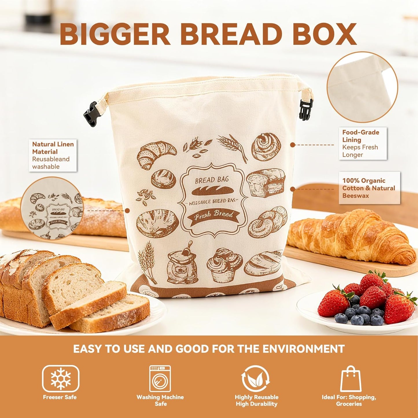 Bread Box Set.11in Bread Storage Box with 2 Linen Bread Bags,and 20 Thick Paper Bags,and 32 Sealed Stickers,Time Recording Bread Keeper for Homemade Breads,Toast,and Cookies.