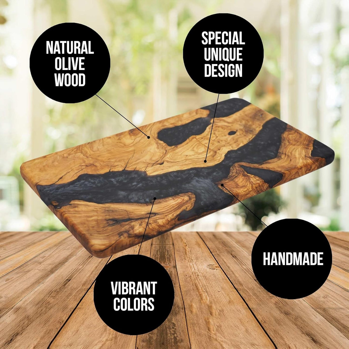 Handmade Epoxy Cutting Board & Charcuterie Board - Decorative, Olive Wood Boards for Serving Cheese, Fruit, Meat - Ideal for Kitchen, Unique Housewarming Gift - Black Resin