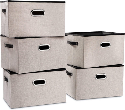 PRANDOM Larger Collapsible Storage Bins for Closet [5-Pack] Decorative Linen Fabric Storage Baskets Cubes with Leather/Metal Handles for Living Room Light Grey (17.3x12.2x10.4 Inch)