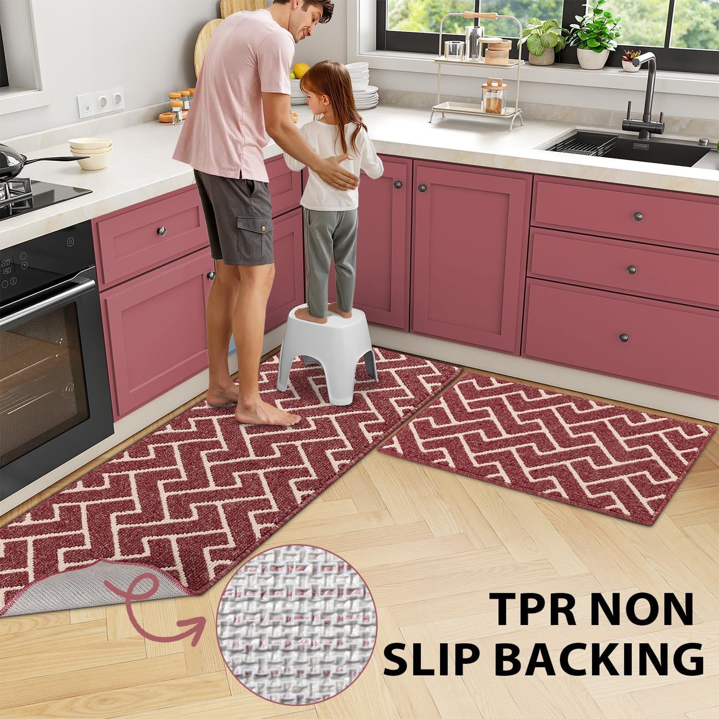 hicorfe Kitchen Rugs and Mats Sets,2 Pieces Non-Slip Absorbent 100% Polypropylene Kitchen Mats for Floor,Comfort Kitchen Runner Mat,Washable for Kitchen,Sink,Laundry(20" x 31.5" Plus 20" x 48",Red)