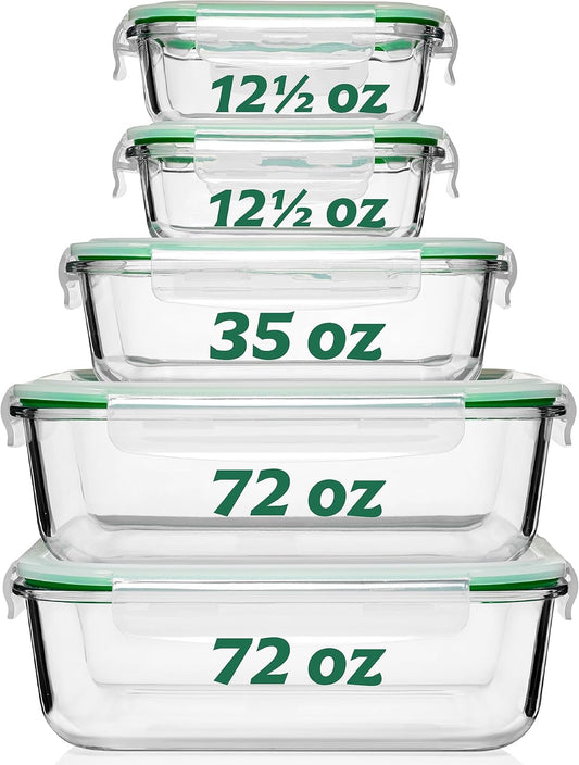 Fusion Gourmet Large Glass Food Storage Containers with Lids [5 Pack, 72 oz, 9 Cup], Airtight, Leakproof, Microwave and Oven Safe Borosilicate Glass