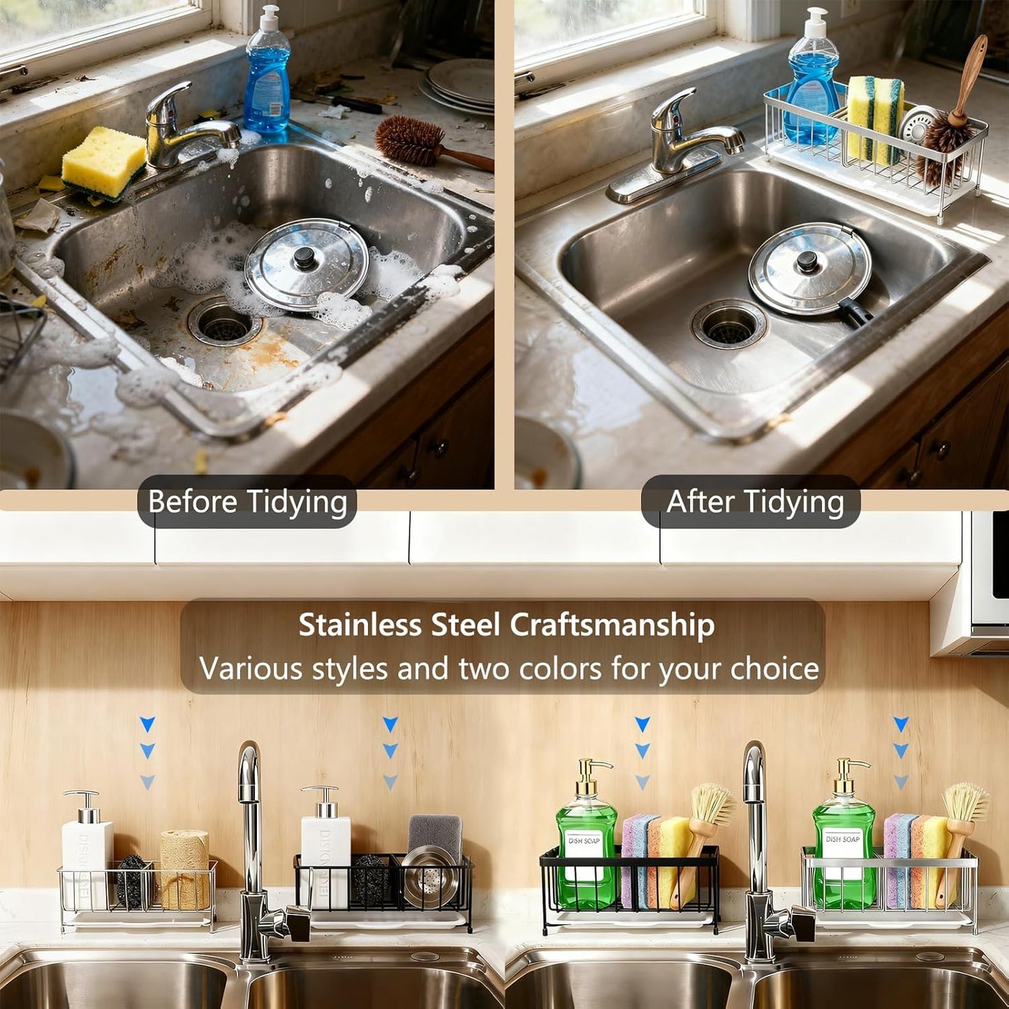 Kavciva Sink Caddy Sponge Holder,304 Stainless Steel Dish Brush Holder,Kitchen Countertop Sink Rack,Dish Soap Holder,Dishwashing Tool Drying Tray with Adjustable Partitions,Essential Kitchen Shelves