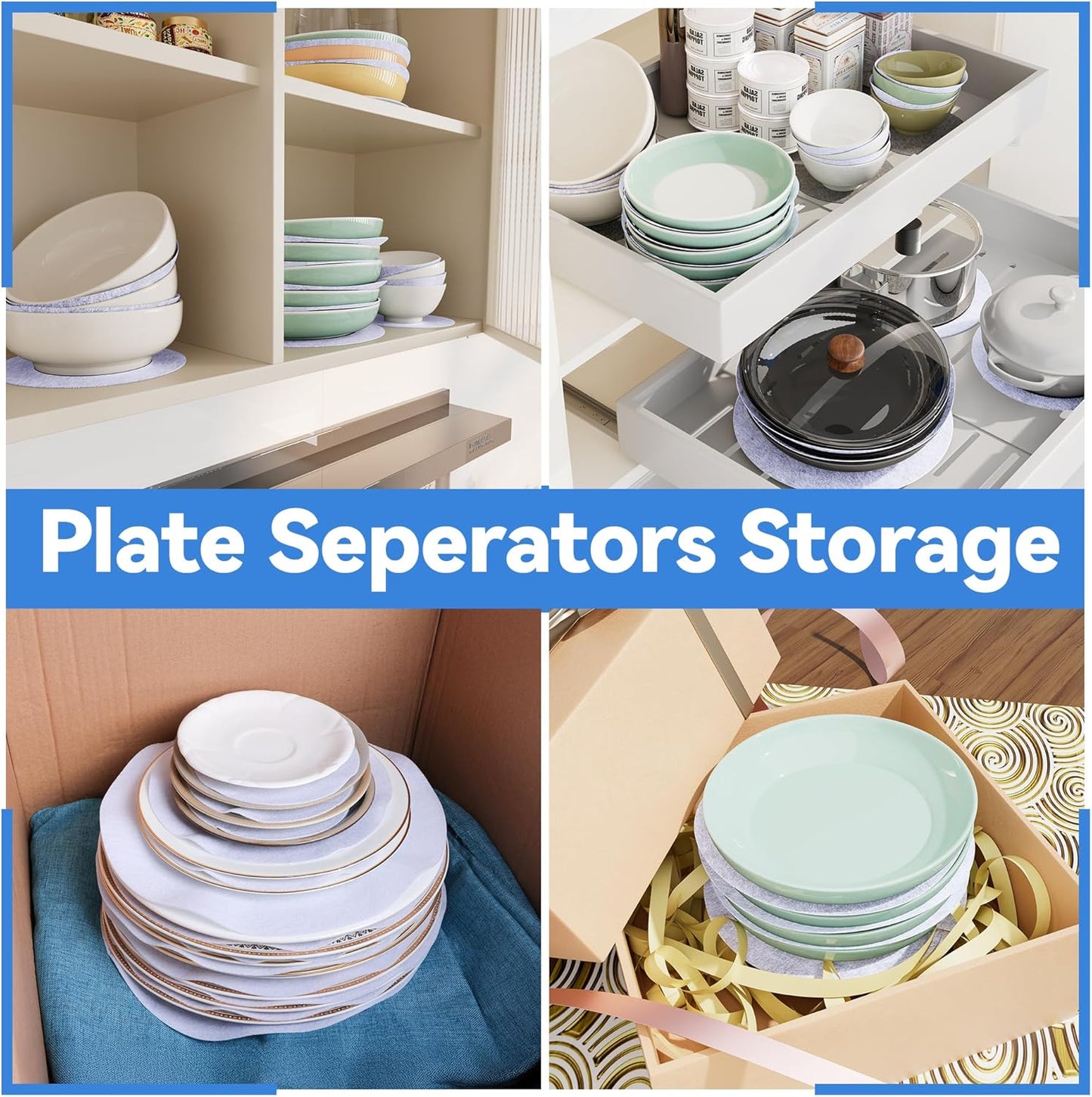 Imncya Plate China Storage Separators, 120-Piece with 3 Different Sizes, Thick and Premium Soft Felt Plate Dividers for China, Dish, Coffee Saucers Protecting and Stacking - White