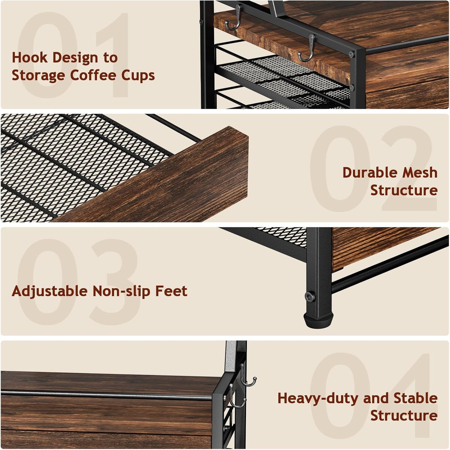 Coffee Syrup Rack Organizer - 4-Tier 8 Syrup Wine Bottles Stand with 82 Storage Drawer for K Cups, Coffee Pod Holder for Countertop, Bar Station, Kitchen, Rustic Brown