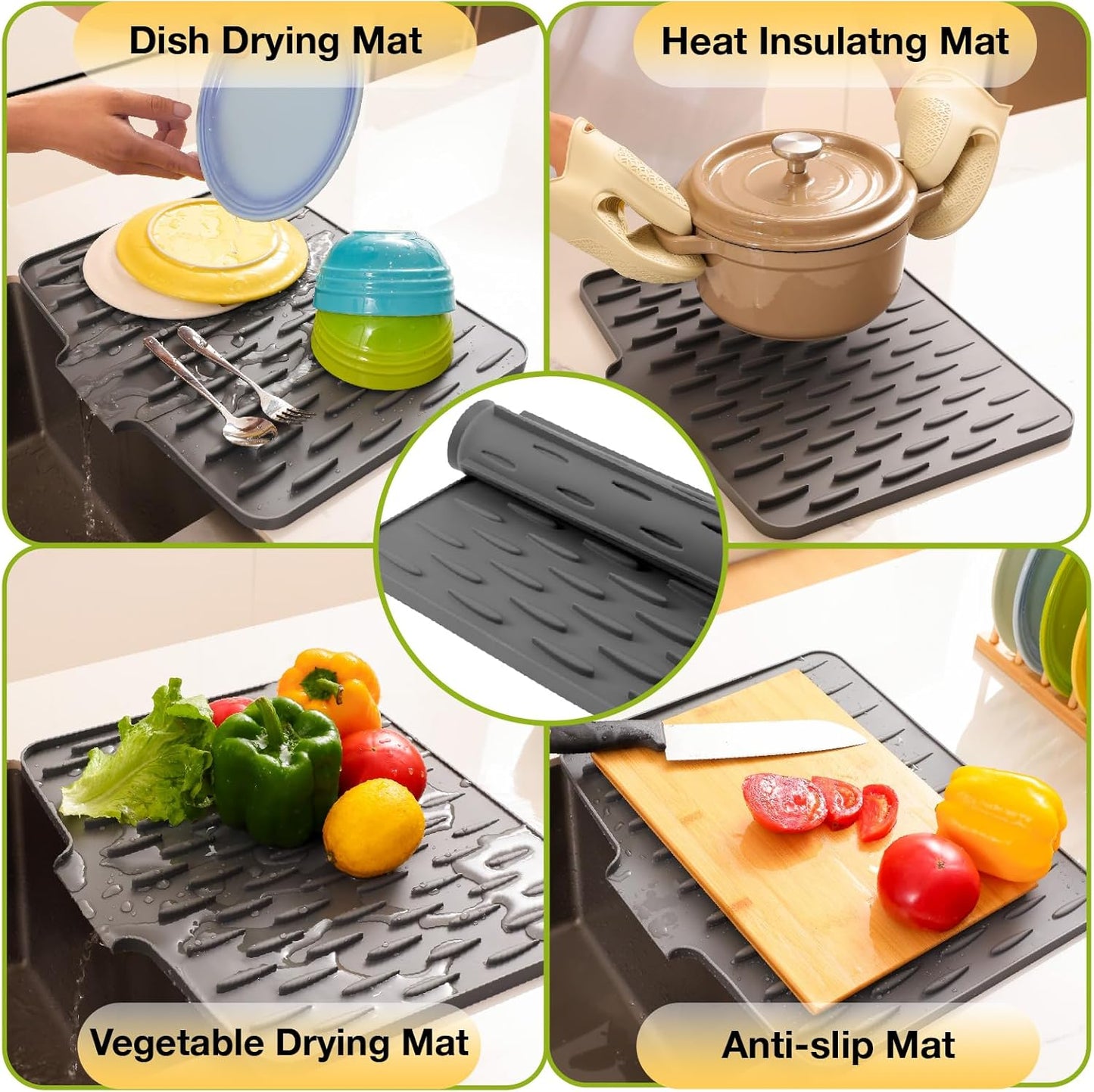 CHIKILLA Silicone Dish Drying Mat for Kitchen Counter, Fast Drainage Design for Vegetables Fruits, Heat Resistant, Non-Slip , Dishwasher Safe – 15.7x13 inch Urban Gray